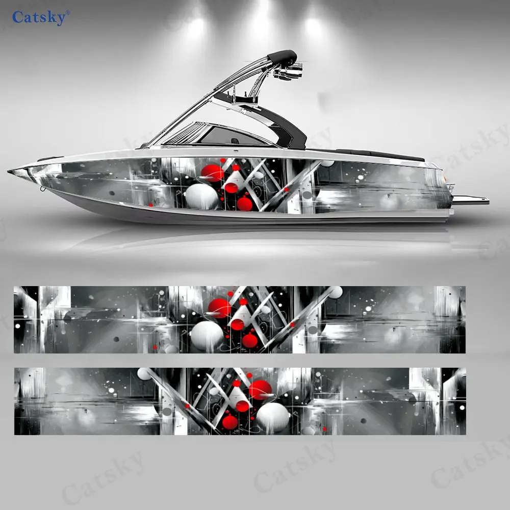 

2Pcs Geometric Red & White Dots Boat Stickers, PVC Waterproof Vinyl Wrap Decals for Fishing Boats, Durable and Stylish Design