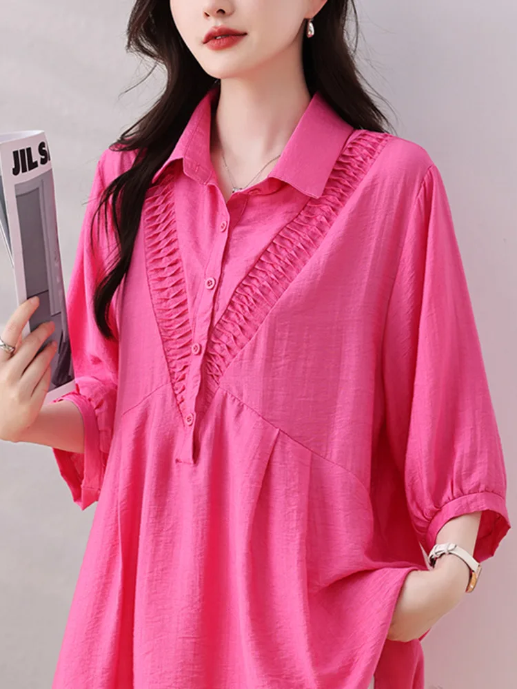 #2835 Black Khaki Rose Red Long Blouse Women Drop Sleeve Loose Turn-down Collar Buttons Office Ladies Tops And Blouses Summer