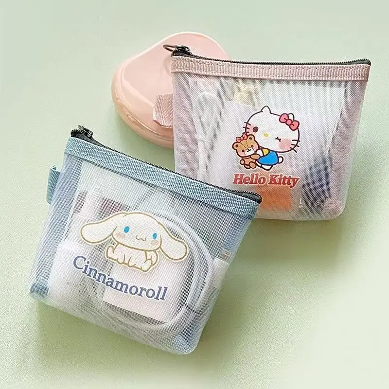 Cute Sanrio Cartoon Mesh Storage Bag, Mini Zipper Coin Purse, Portable Travel Storage Bag, Can Hold Lipstick, Earphones, Cards,