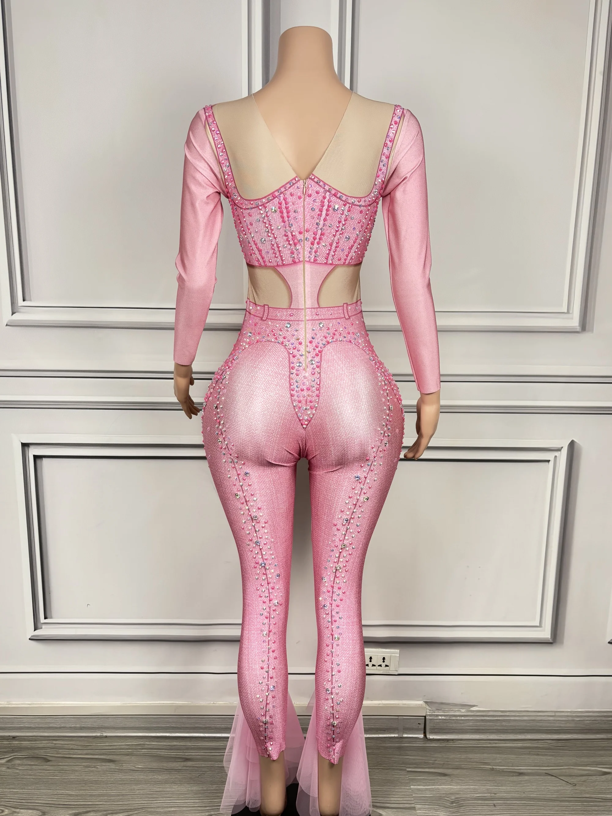 Women Pink Denim Print Diamond Stretching Bodysuit Birthday Evening Party Nightclub DJ Female Singer Stage Performance Costume