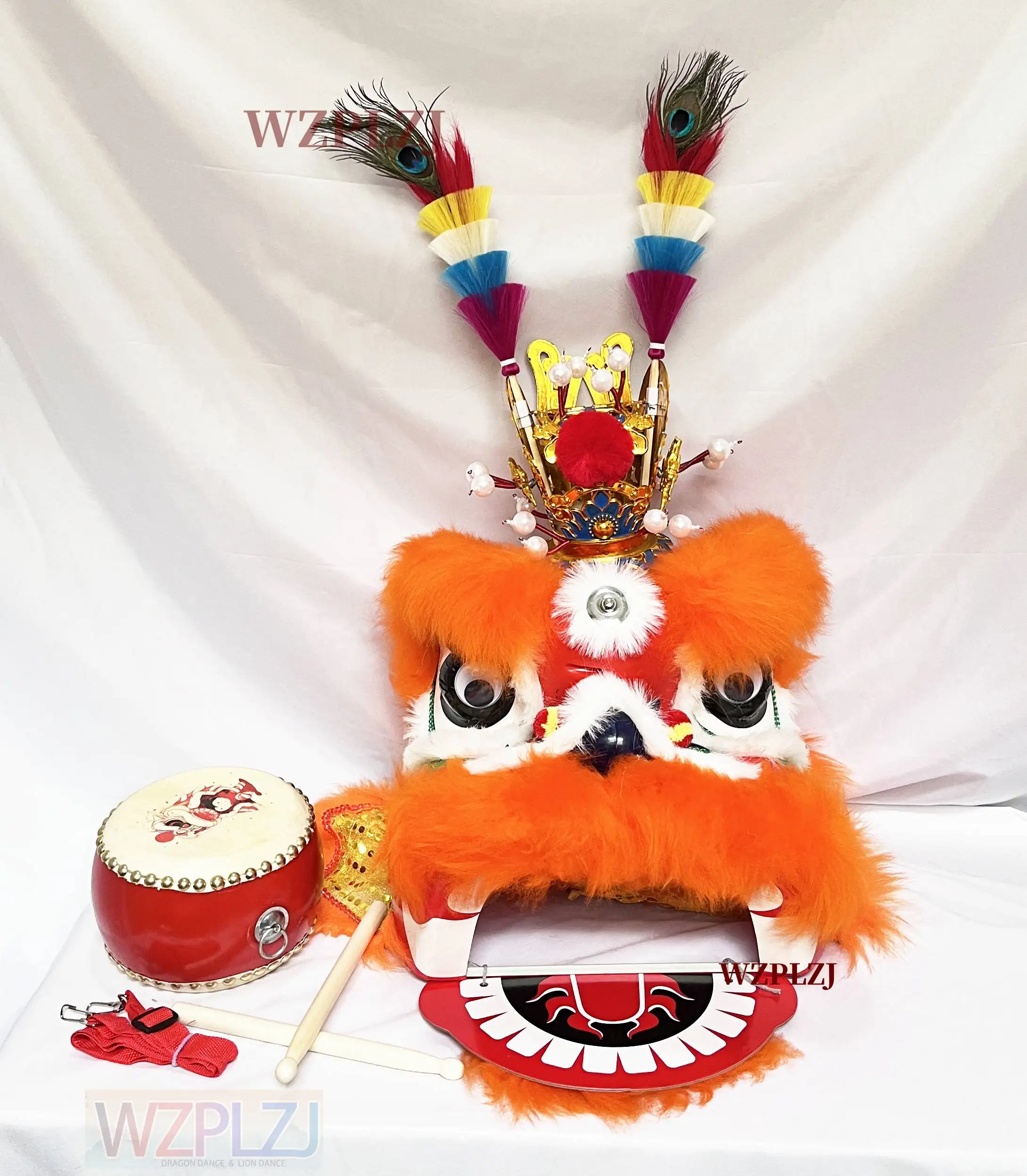 

14-дюймовый танцевальный костюм льва для детей 5–12 лет, барабан, голова драмы, корона, перо, фестиваль, карнавальная игрушка, вечерние игры, мультяшный сценический реквизит, парад