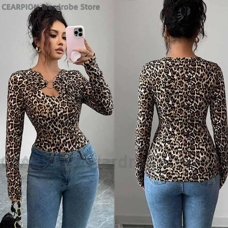 Leopard Print Asymmetry Women Shirt Hollow-Out Knit Self-Cultivation Long Sleeve Blouse Sexy Summer Temperament Female Clothing