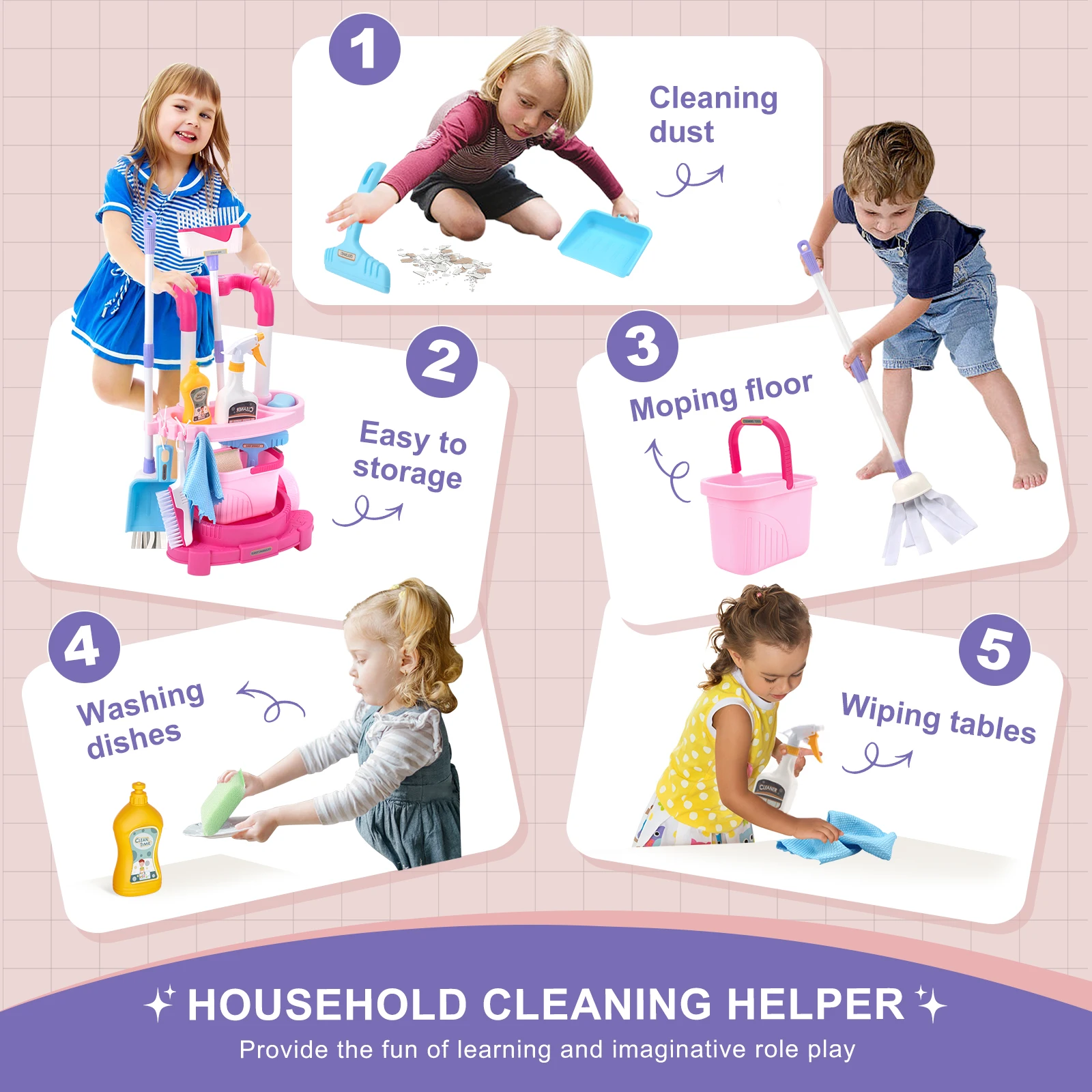 12 stks/set Kids cleaning Set met Handkar Gesimuleerde Leven Schoonmaken Speelgoed Fantasiespel Hygiëne Schoonmaken Speelhuis Speelgoed Jongens & Meisjes
