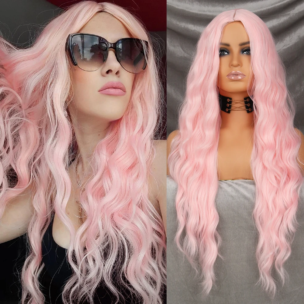 WERD Long Wavy Pink Synthetic Wig Women\'s Heat-Resistant Natural Half Part Cosplay Party Lolita Wig