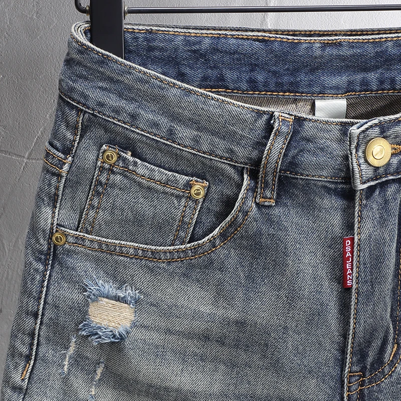 Fashionable Summer Men's Jeans Vintage Washed Blue Elastic Slim Fit Split Jeans Shorts Panel Designer Vintage Shorts