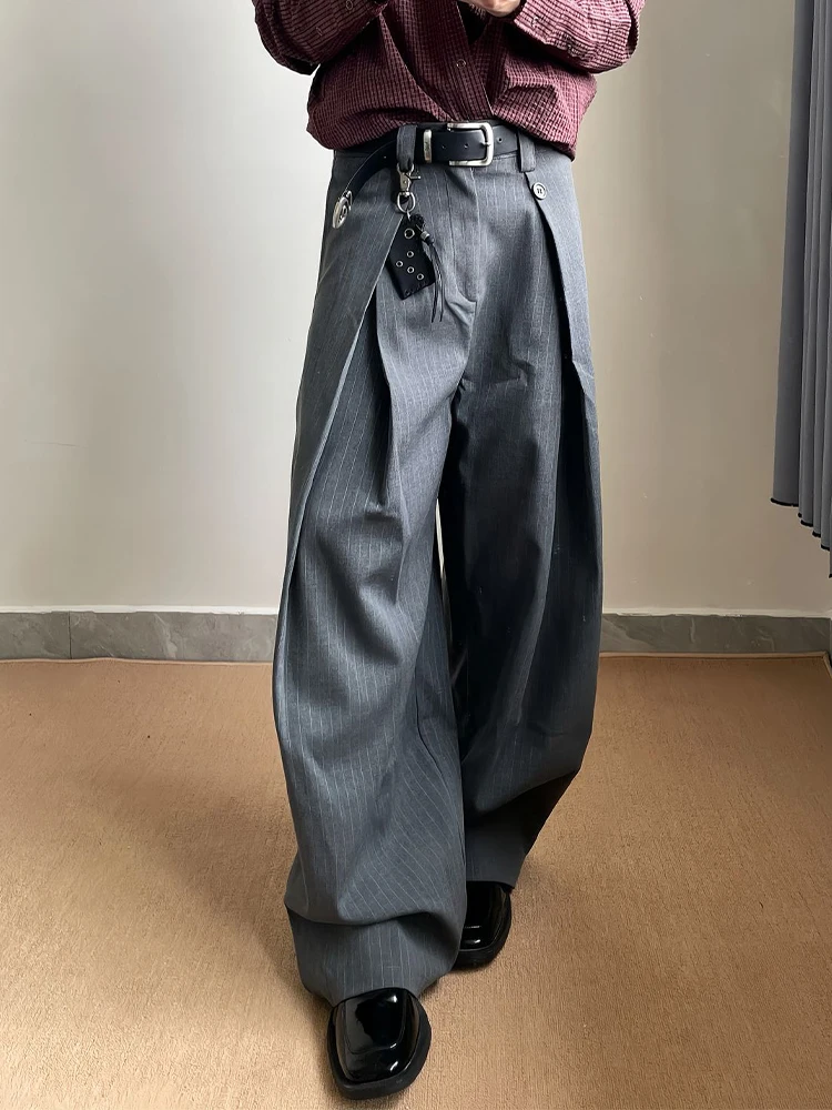

Gray Pleated A-Line Wide Leg Men's Autumn Pants High-End Stripe Trousers Drapey Straight Cut Casual Fashion Youth Daily Wear
