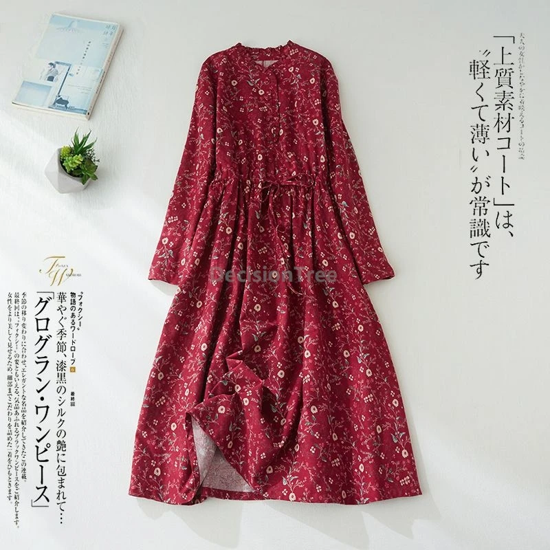 

2025 retro ethnic style literature art printed robe chinese style cotton linen exquisite dress long sleeved sun protection dress