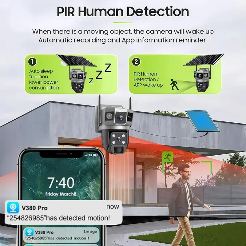 V380Pro Wi-Fi Солнечная камера 4K 12MP CCTV Солнечная панель Батарея Двойной объектив Радионяня PIR Камеры с обнаружением движения Защита безопасности
