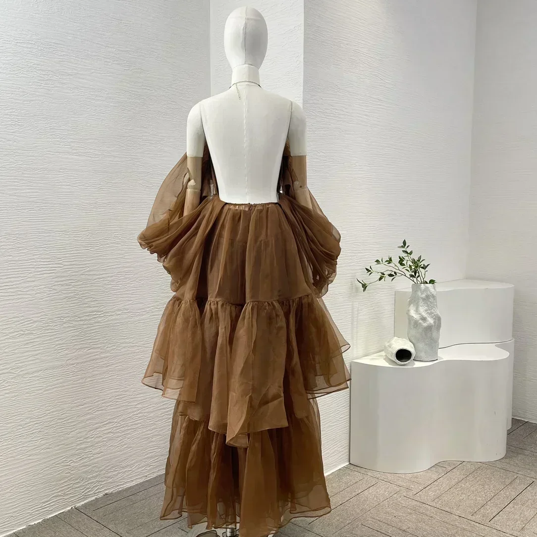 2024 Coffee Brown Color High Quality Halter Asymmetrical Ruched Backless Blouse Tops and Midi Pleats  Skirt Sets for Women