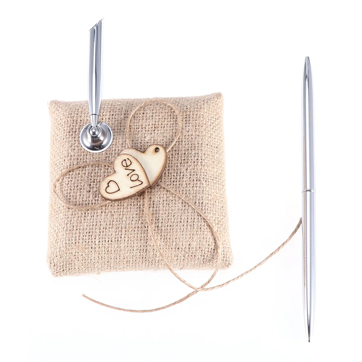 Rotating Signing Pen Stand for Wedding Guest Book Burlap Wood Metal Construction 360 Degree Turn Brown Silver 9x9x3cm Bridal
