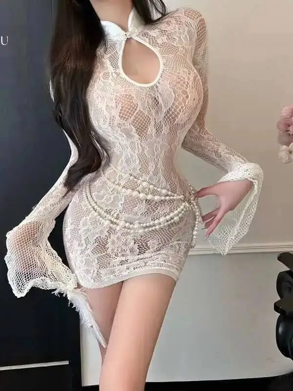 Nowa Sukienka w Stylu Chińskim z Siateczki, Elegancka Cheongsam, Duży Rozmiar, Seksowna, Kobieca, Seksowna, Czysta Pożądanie, Odkryte Biodra, Koronkowa, Prześwitująca Bluzka OVD8