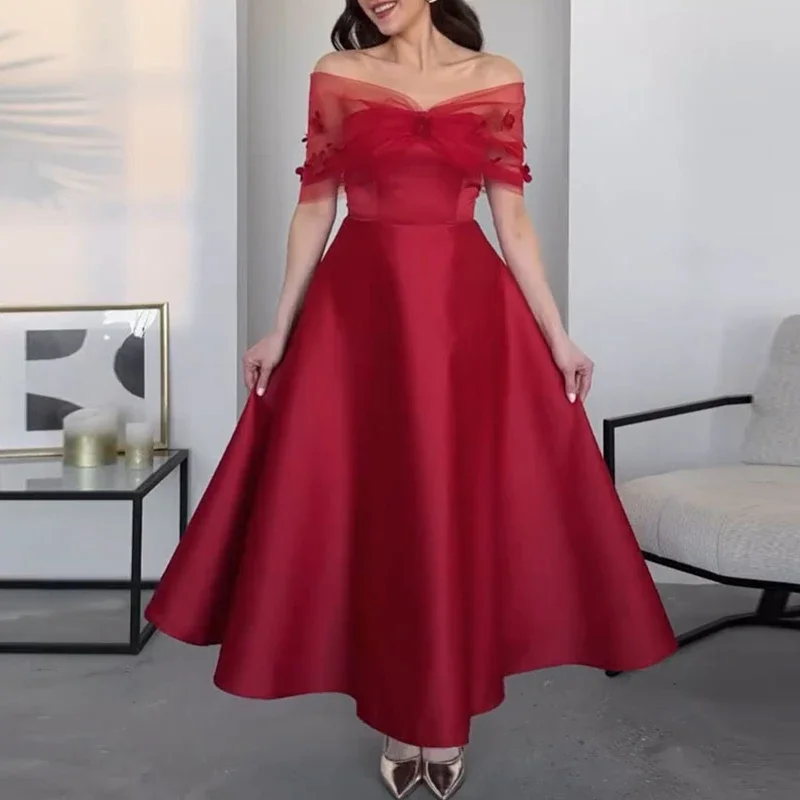 Trendy mesh prinsessenjurk met sjaalmouwen, elegante off-shoulder rode avondjurk, temperament, hoge taille, gesplitste satijnen a-lijnjurk
