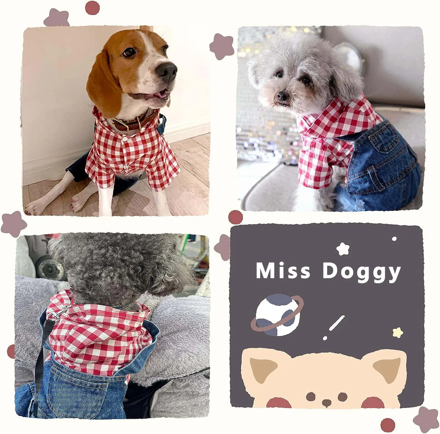 Dog Denim Jumpsuits Puppy Plaid Shirt jeans, Yorkie French Bulldog Overalls for Dogs, Pet Clothes for Small Medium Breed Dogs