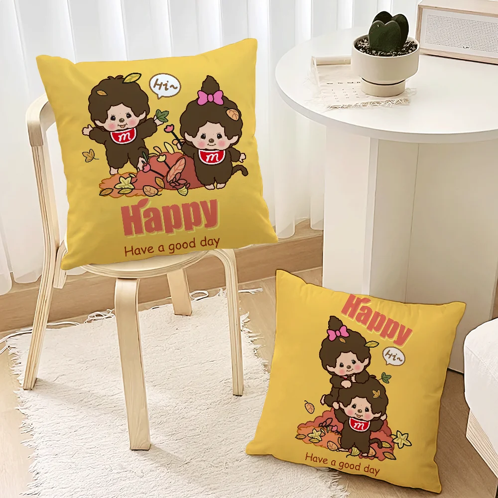 Cartoon M-Monchhichis Pillow Case Sofa Decorative Home Double-sided Printing Short Plush Cushion Cover