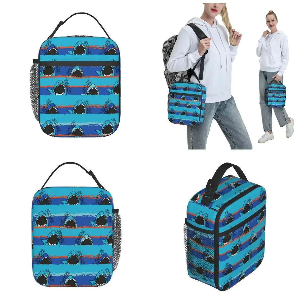 Insulated Lunch Box Cartoon Shark On Blue Strips Accessories Lunch Container Causal Cooler Thermal Lunch Box For School