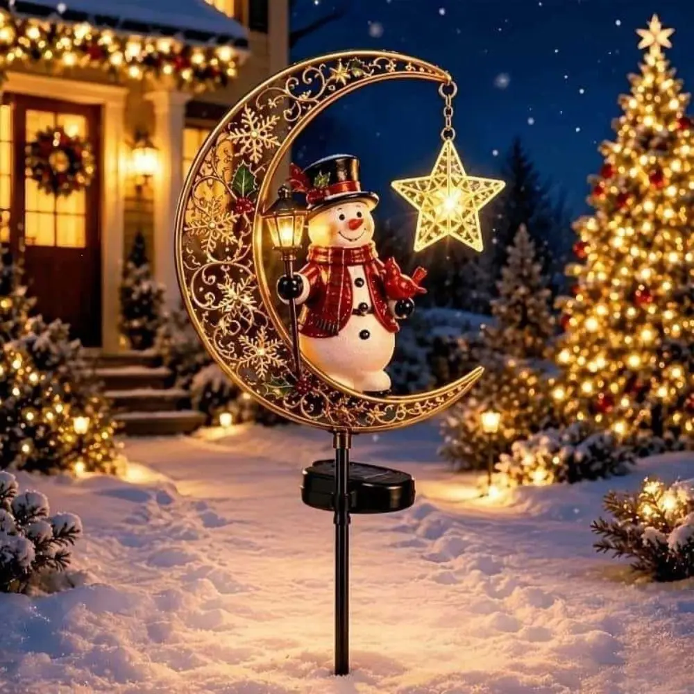 Waterproof Solar Christmas Crescent Garden Light Solar Powered Iron Metal Christmas Moon Solar Stake Light LED Glowing Snowman