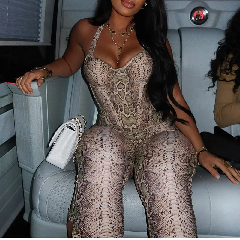 サーペンタイン柄 レディース セクシー ツーピースセット ホルターネック バックレス タンク クロップトップス + スプリット スキニー カプリパンツ クラブウェア スーツ ストリートウェア