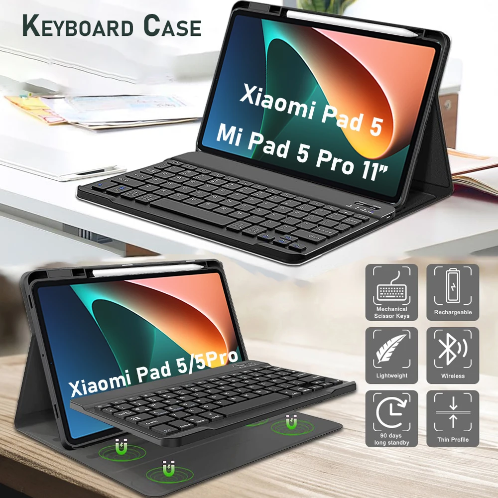Keyboard Case for Xiaomi Pad 5 11 lnch, For Xiaomi Pad 5 Pro 11 lnch Tablet Case with Pencil Holder and Bluetooth Keyboard