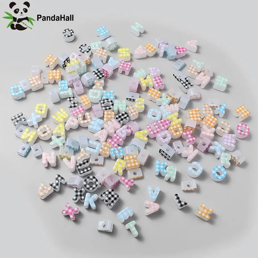 PandaHall 150pcs Plaid Letter Printed Transparent Acrylic European Beads, Large Hole Mixed Color for Name Bracelet DIY Jewelry
