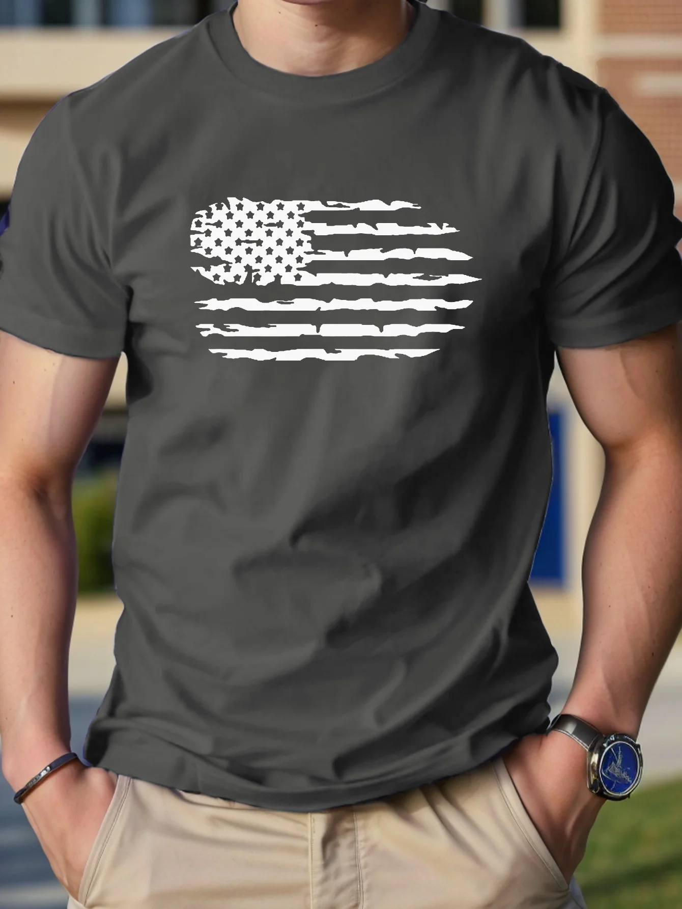 Men\'s 100% pure cotton summer loose size America flag pattern print casual comfortable round neck short sleeved T-shirt top