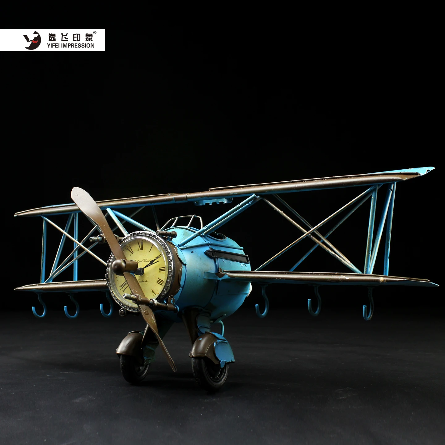 Retro Airplane Wall Clock with Key Hooks Vintage Iron Art Metal Biplane Design Entryway Organizer Decorative Utility Item