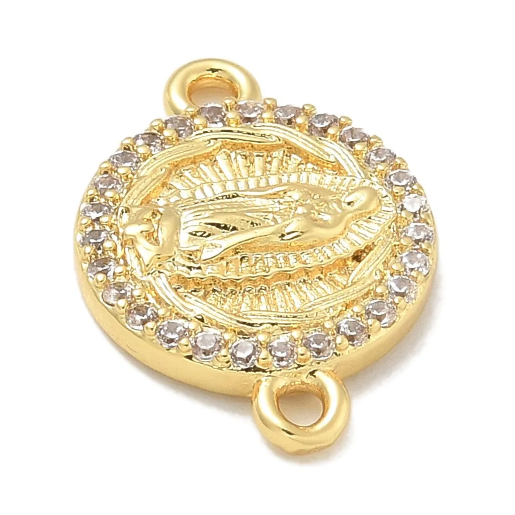 10pcs  Brass Micro Pave Clear Cubic Zirconia Religion Virgin Mary Connector Charms, 18K Golden Plated, 12x17x2.8mm, Hole: 1.6mm