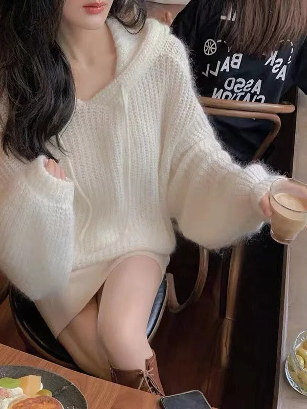

Loose Fit Hooded Knitted Sweater Thin Soft Mohair Pullover Korean Sle Long Sve Warm Daily Wear for Women