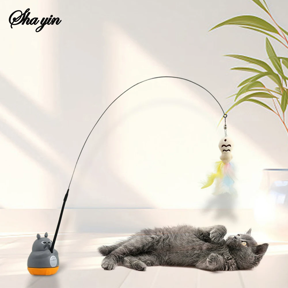 1PC Pet small cat fishing and cat teasing stick 360 degree rotation with feather bells and steel wire cat teasing stick