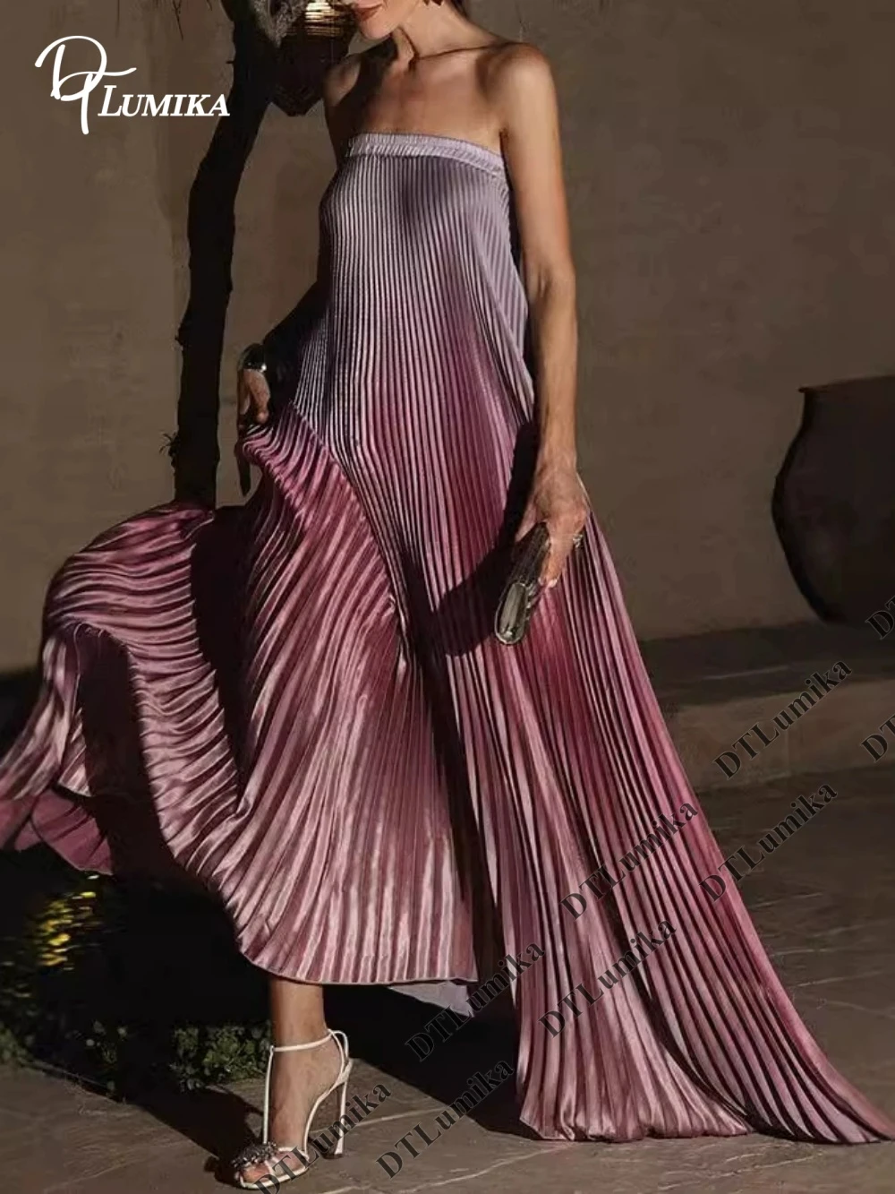

DTLumika Ombre Pleated Strapless Maxi Party Dress Strapless Bold Fashion Evening Gown Cocktail Pageant Dresses A Line Maxi Gown