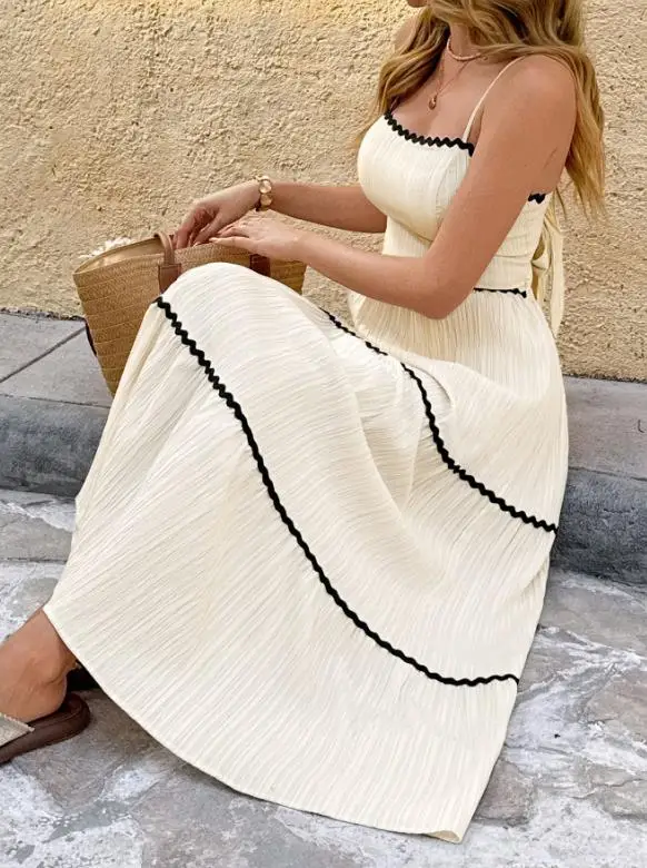 

Summer New Elegant and Fashionable Casual Vacation Style Color Blocked Lace Receiving Waist Exposed Back Bow Tie Suspender Dress