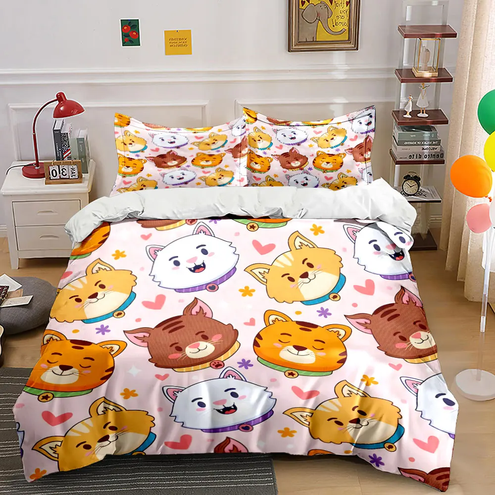3Pcs Kawaii Mixed Cat Face Heart Duvet Cover Set, Pastel Pink Kids Kitty Bedding Includes 1 Duvet Cover And 2 Pillowcase, Gift view 4