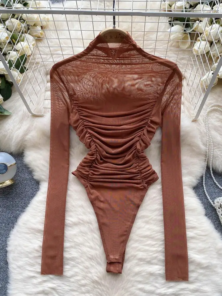 Autumn Solid Mesh Basic Top 2025 Women Turtleneck Long Sleeve Ruched Open Crotch Slim Playsuits Fashion Sheer Sexy Bodysuits New