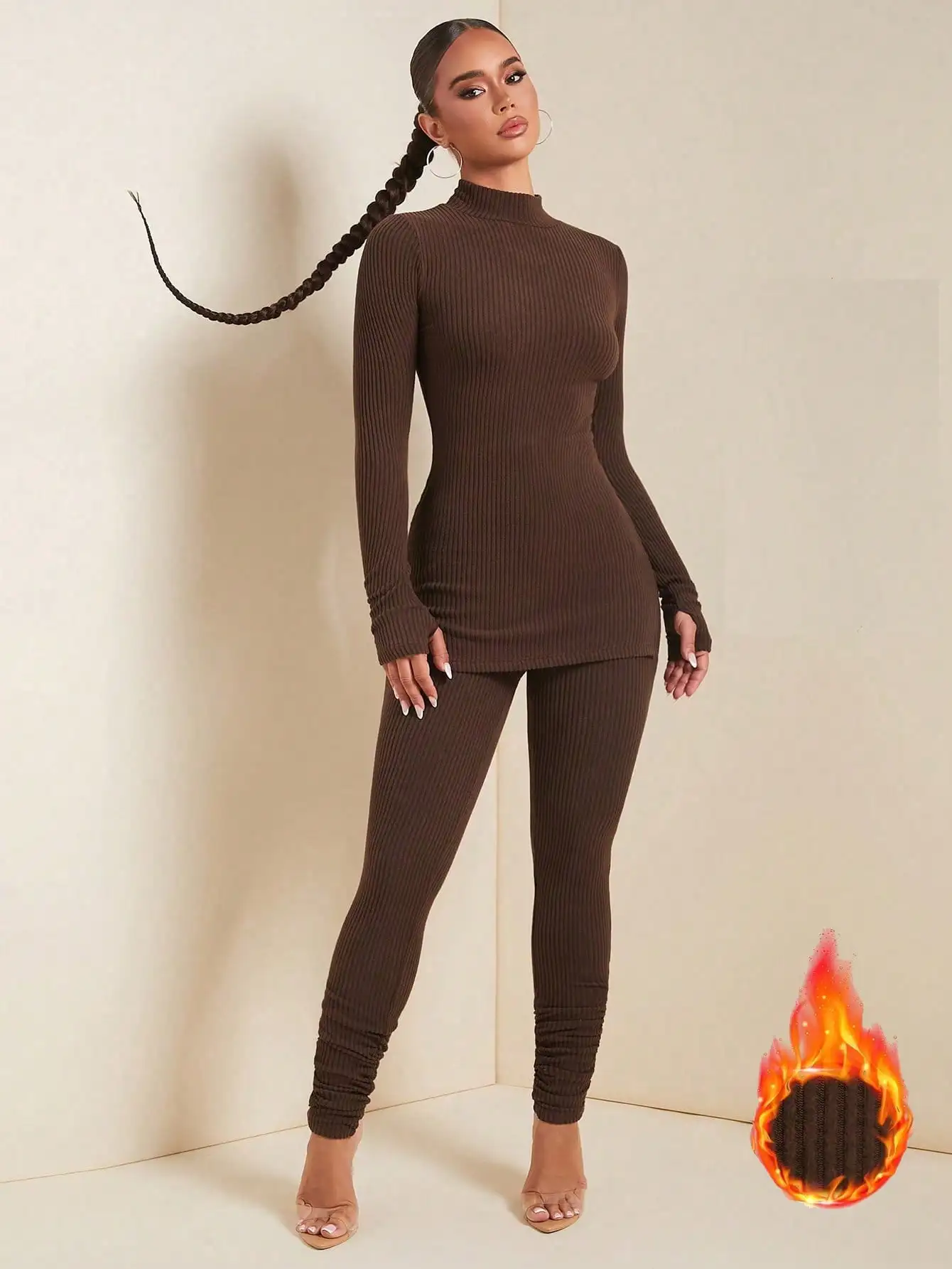 Brown Ribbed 2-Piece Set: Turtleneck Top & High-Waisted Leggings for Autumn