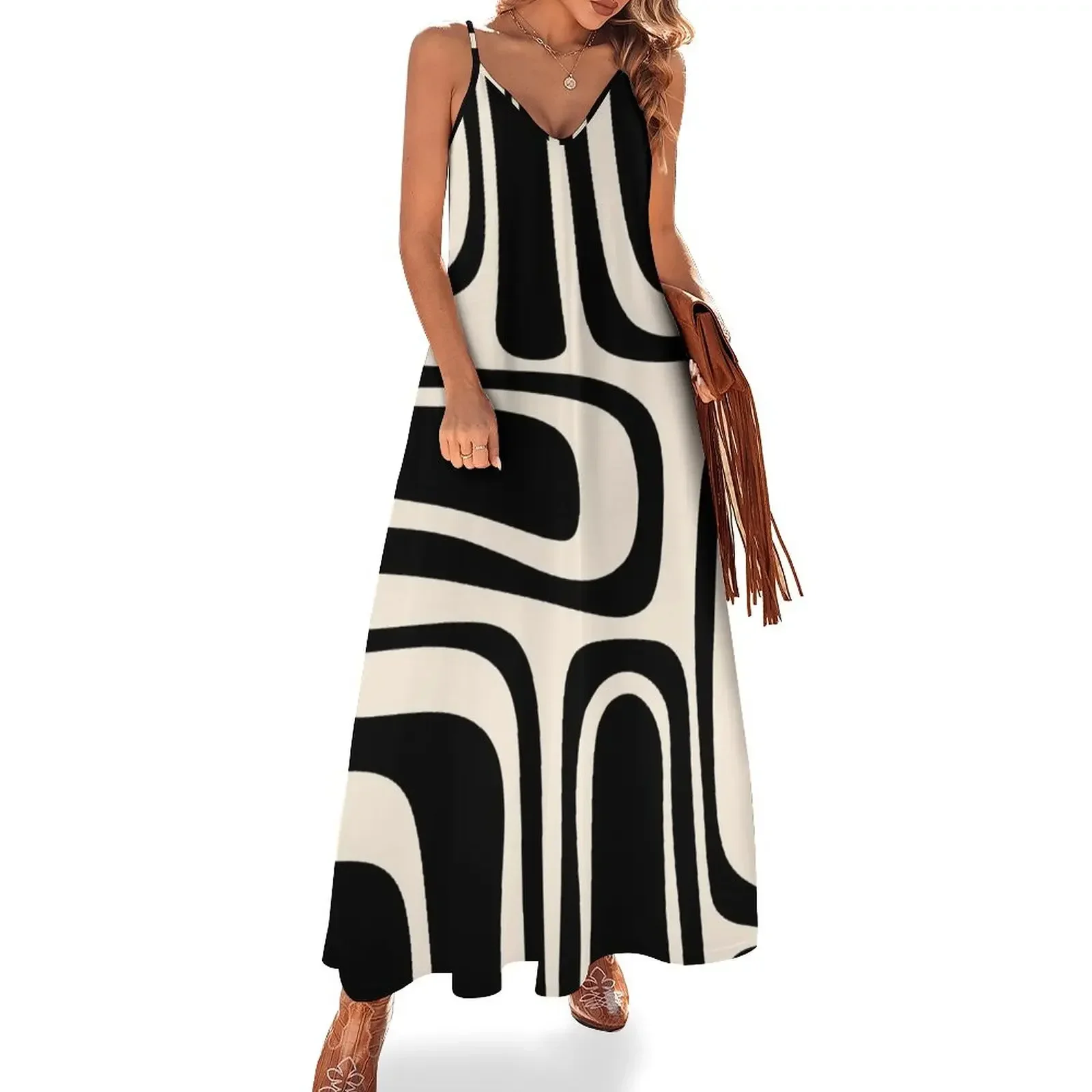 

Palm Springs Retro Midcentury Modern Abstract Pattern in Black and Almond Cream Sleeveless Dress Party dresses for women Dress