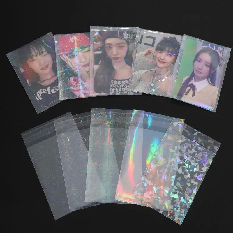 50Pcs/pack Laser Love Holographic Toploader Glittery Photocard Sleeves Ins Transparent Card Film Photo Cards Packaging Bag