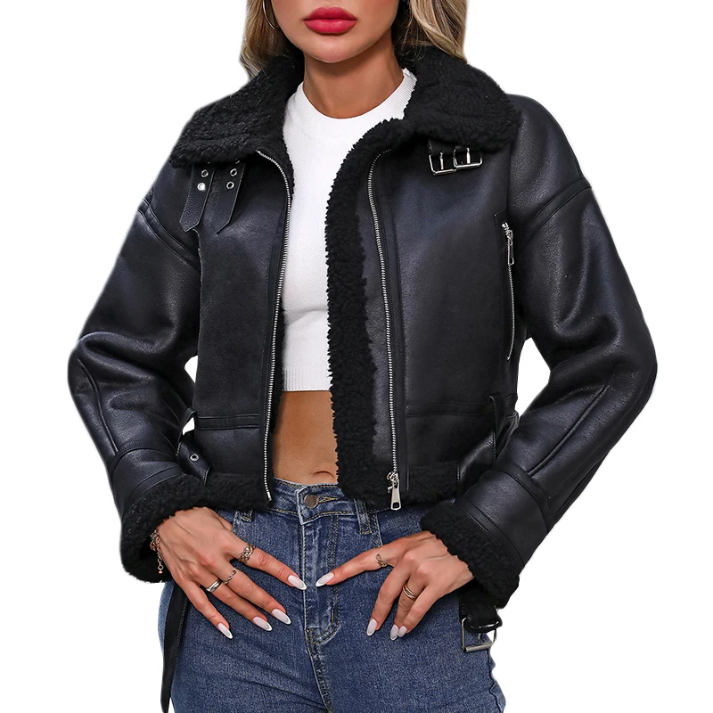 Ailegogo Women Vintage Thick Warm Short Faux Lamb Fur Jacket Autumn Winter Female Zipper Belt Coat Outwear — zdjęcie 2