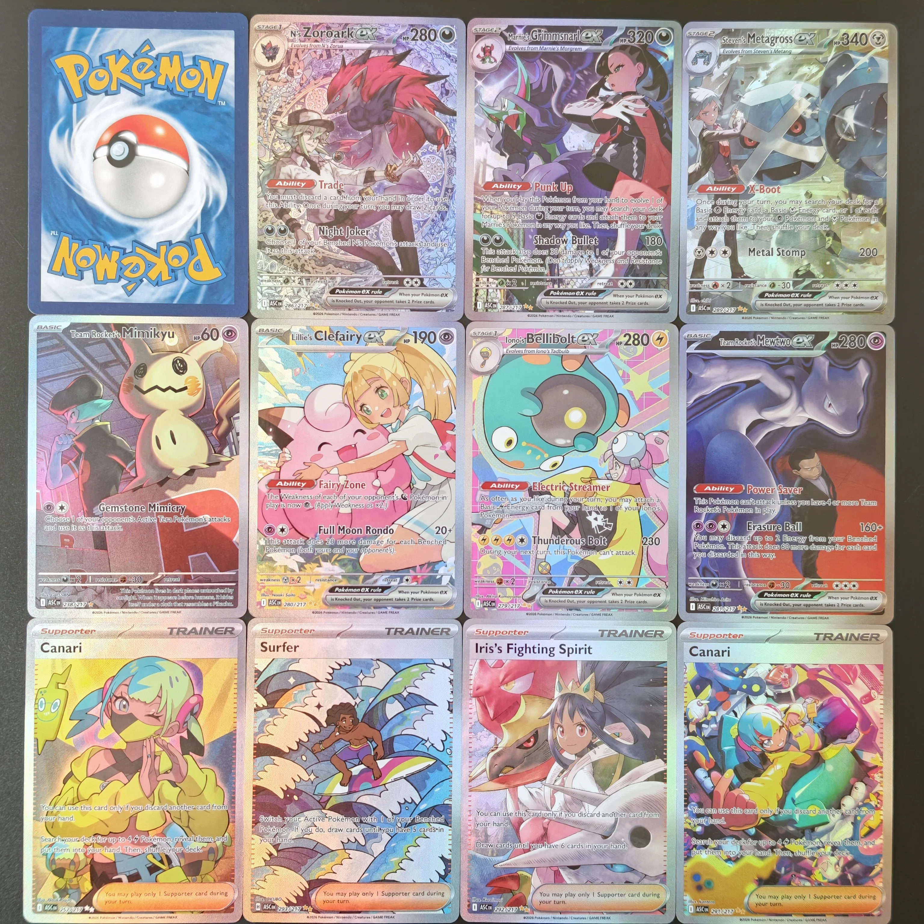 DIY PKM ASC Trainer Canari Surfer Fighting Spirit Zoroark Grimmsnarl Mimikyu Bellibolt Mewtwo Holo Karte TCG Fortgeschrittene Anime-Karte