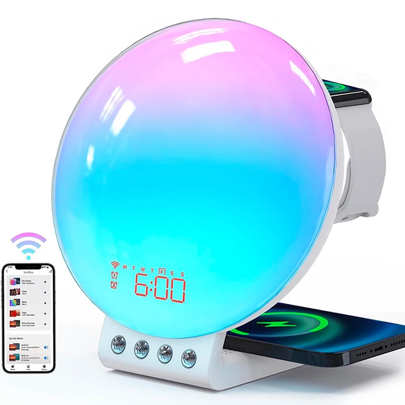 Wake Up Light Alarm Clock With Sunrise/Sunset Simulation Dual Alarms FM Radio Nightlight 7 Colors Natural Sounds Snooze