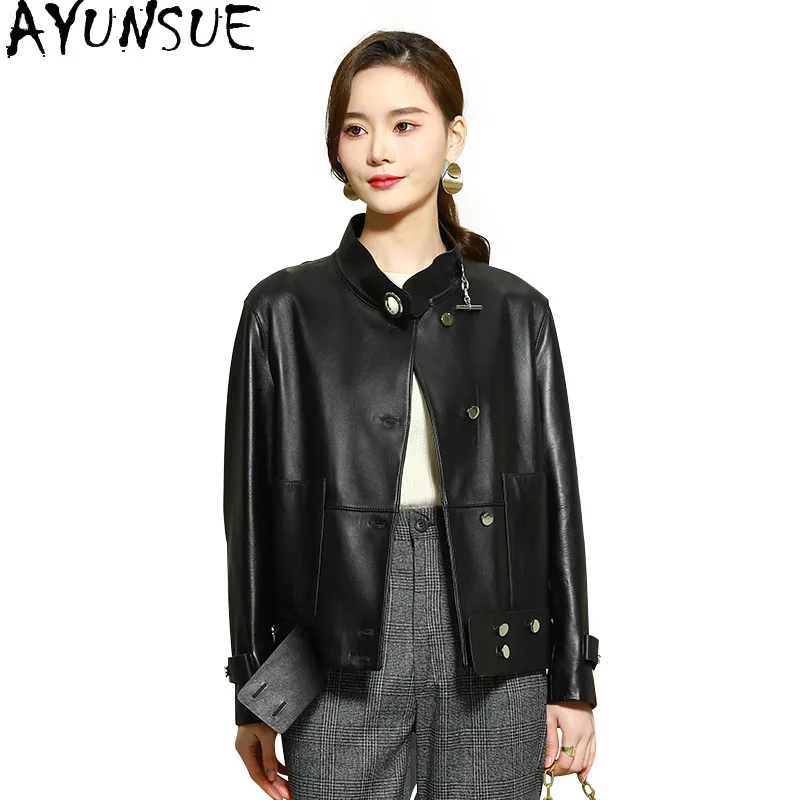 AYUNSUE 진짜 양피 정품 가죽 자켓 여성 2025 모토 & 바이커 코트 봄 가을 옷 짧은 스타일 Jaqueta De Couro