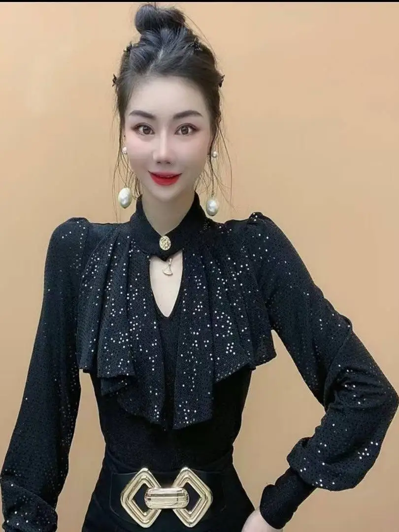Faionable Long Sve Patchwork con paillettes Base irt Donna Autunno Nuovo Sle Versatile Top alla moda Coreano Sle Slim Fit