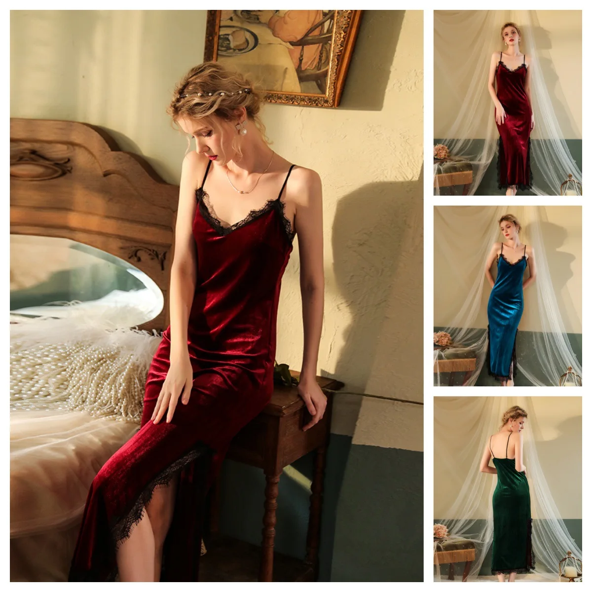 

Sexy lace velvet suspender long skirt, retro and elegant slit nightgown, comfortable and skin-friendly home wear