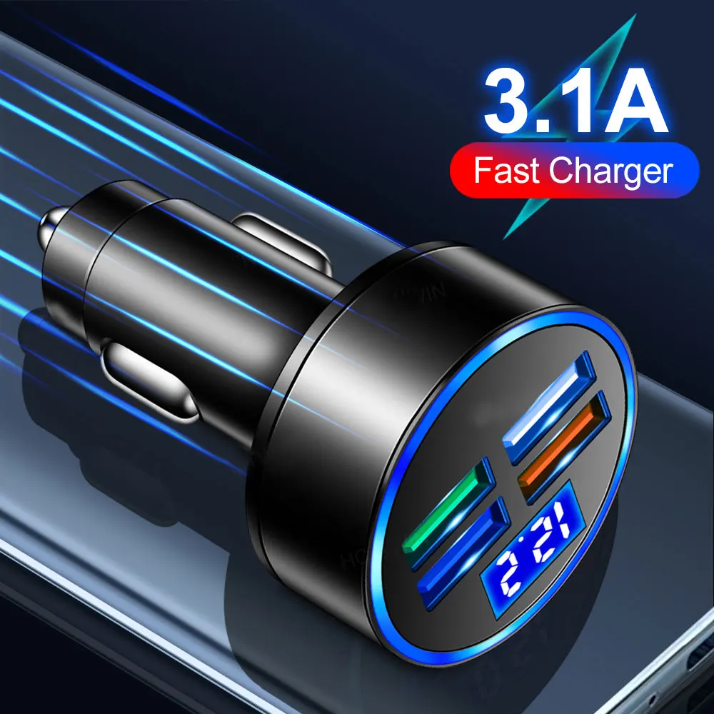 1pc Universal Car Digital Display Fast Charging Charger Car 4USB Quick Charger Car 4 Holes Charger Auto Interior Accessories