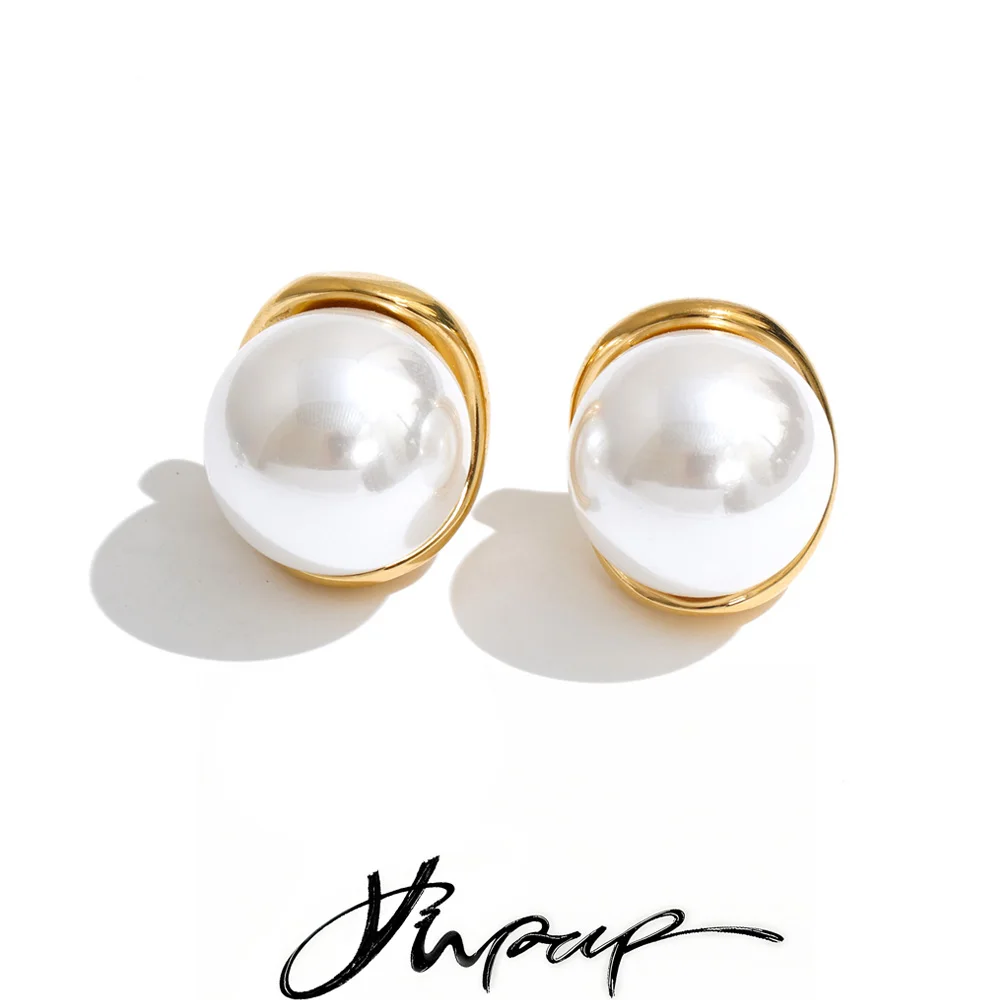 Yhpup Stainless Steel Smooth Simulated Pearls Round Stud Earrings Korean Style Demure Chic Attractive Jewelry New