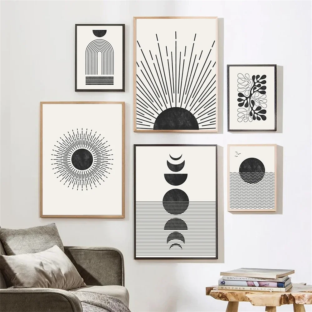 Modern Mid Century Geometry Sun Moon Poster Art Canvas Painting Abstract Lines Wall Print Nordic Posters Pictures Bedroom Dec