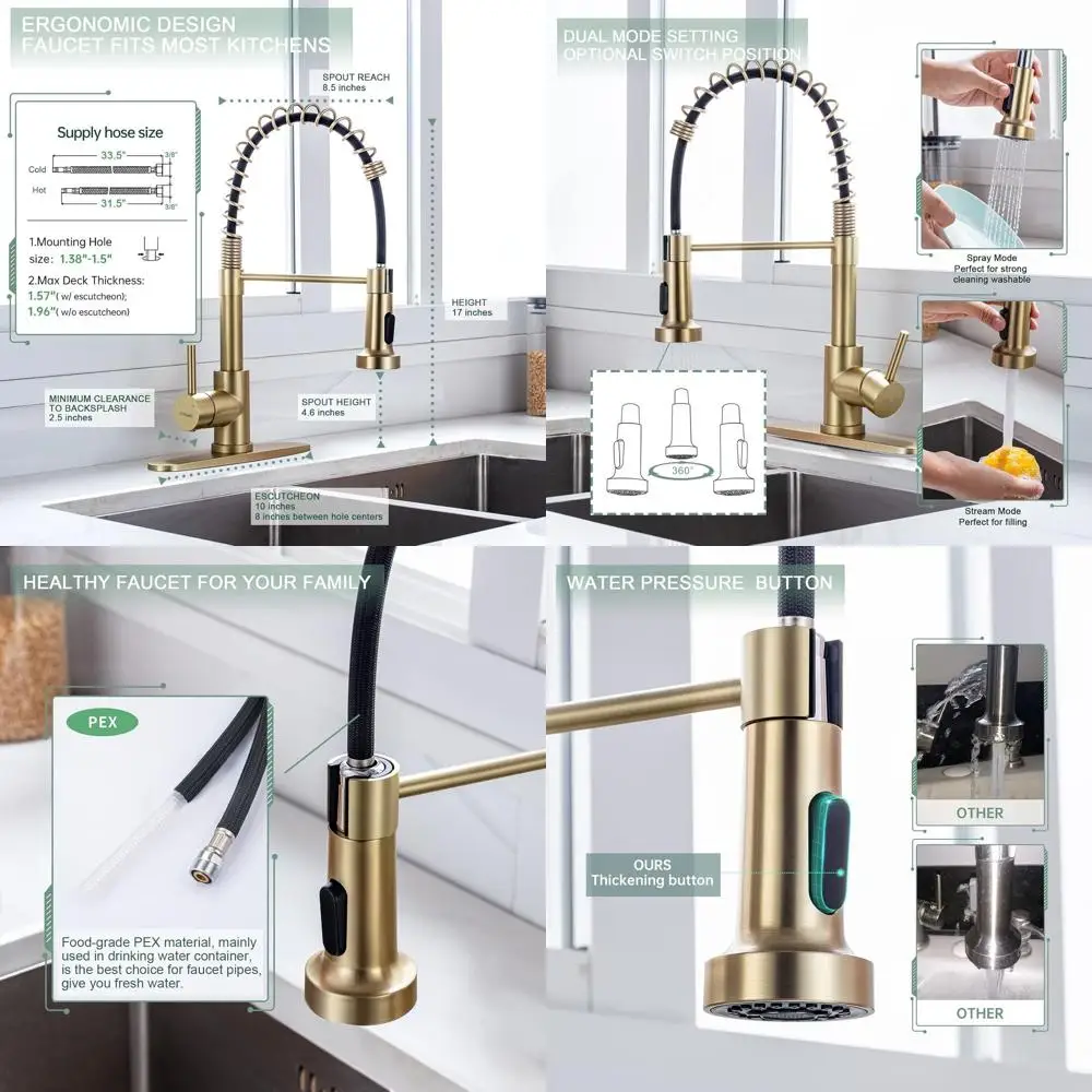 

Gold Finish Kitchen Faucet with Pull-Down Spray, Stainless Steel Single Handle Spring Faucet with Deck Plate, Utility Bar for La