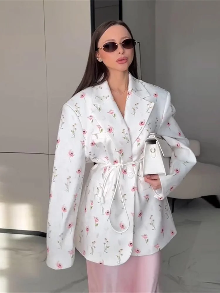 Damska marynarka z luźnym kwiatowym nadrukiem, klapy, długi rękaw, sznurowana, zapinana na jeden guzik, sznurowana kurtka, wiosna 2025, top w stylu high street.