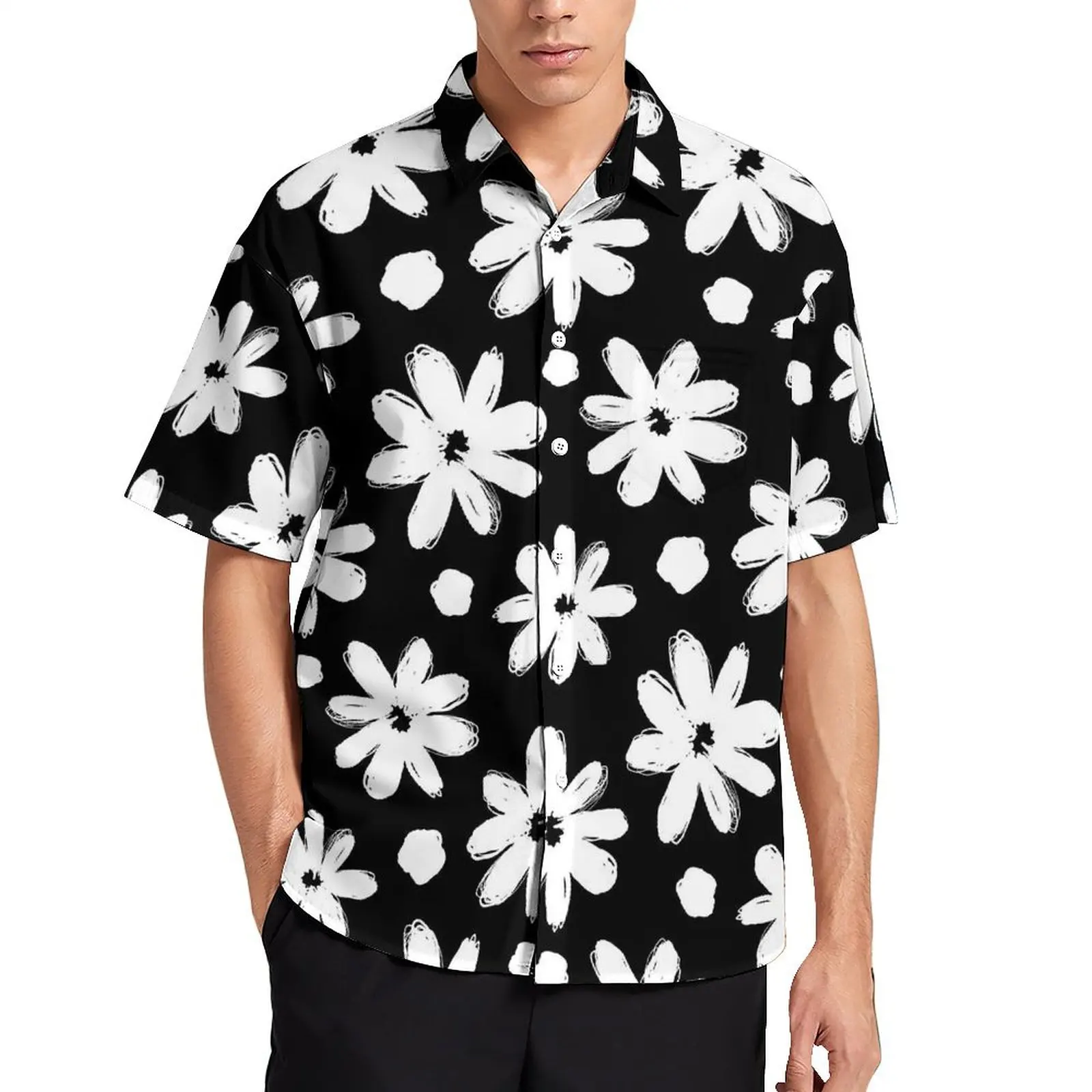 

White Daisies Beach Shirt Cute Flowers Print Hawaiian Casual Shirts Man Novelty Blouses Short Sleeve Street Style Custom Clothes