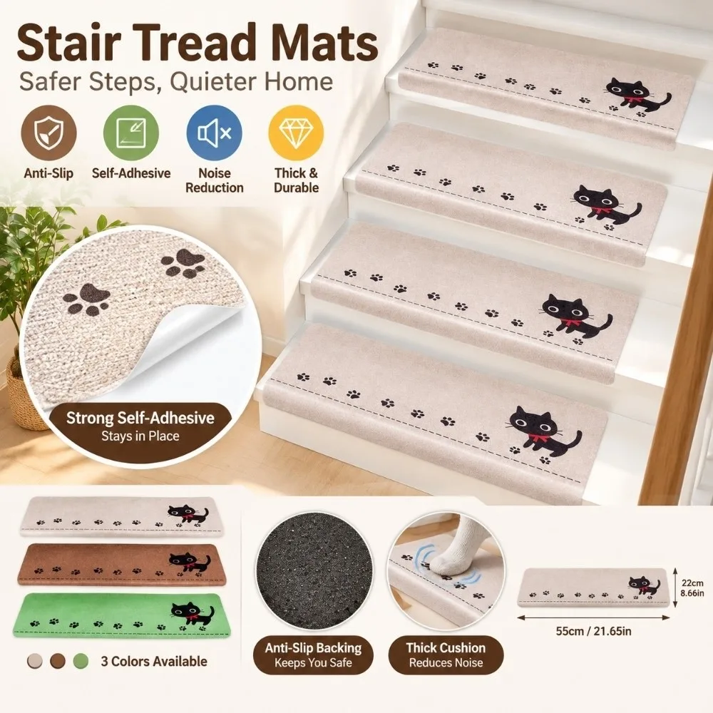Non Slip Stair Treads for Wooden Steps Self Adhesive Cat Paw Print Carpet Stair Mats Washable Soft Stair Rugs Pad Winter Warm