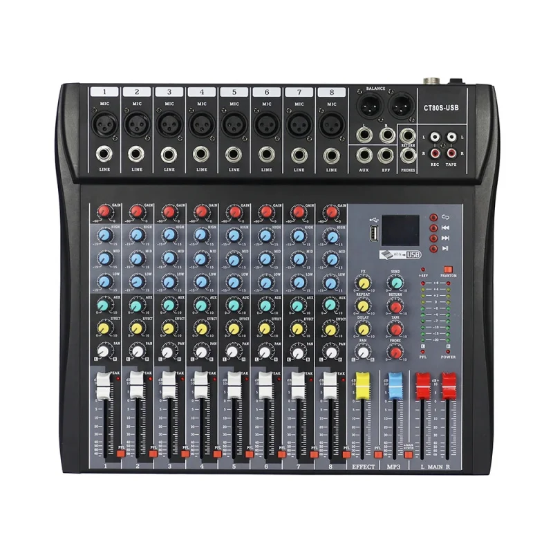 8 Channel Audio Mixer with 99 DSP Effects USB Interface 48V Phantom Power Bluetooth for Home Karaoke DJ Stage Live Events