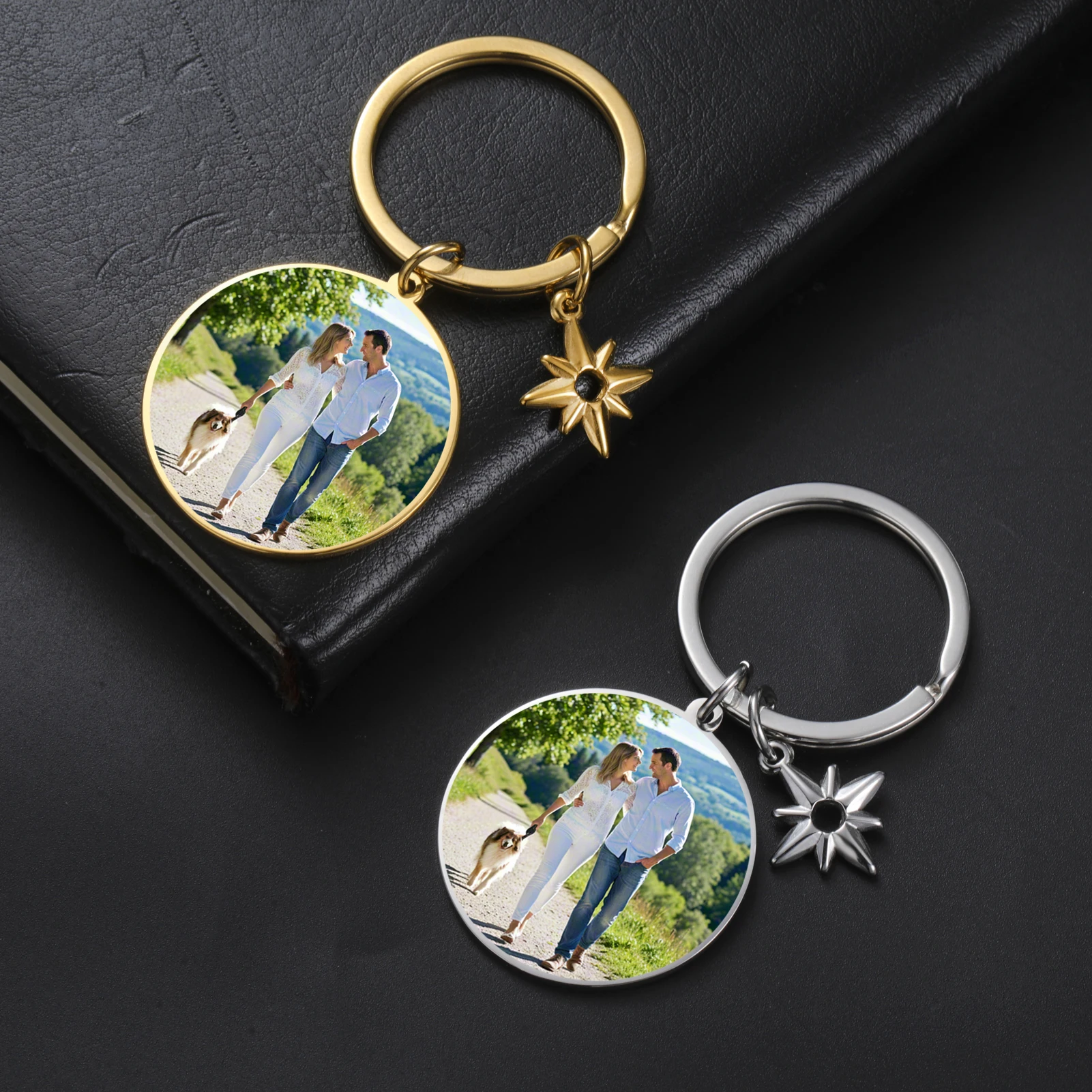 Personalized Photo Keychain Eight Awn Star Pendant Single Side Print Photos Key Chain Customized Keyrings Family Trend Gifts